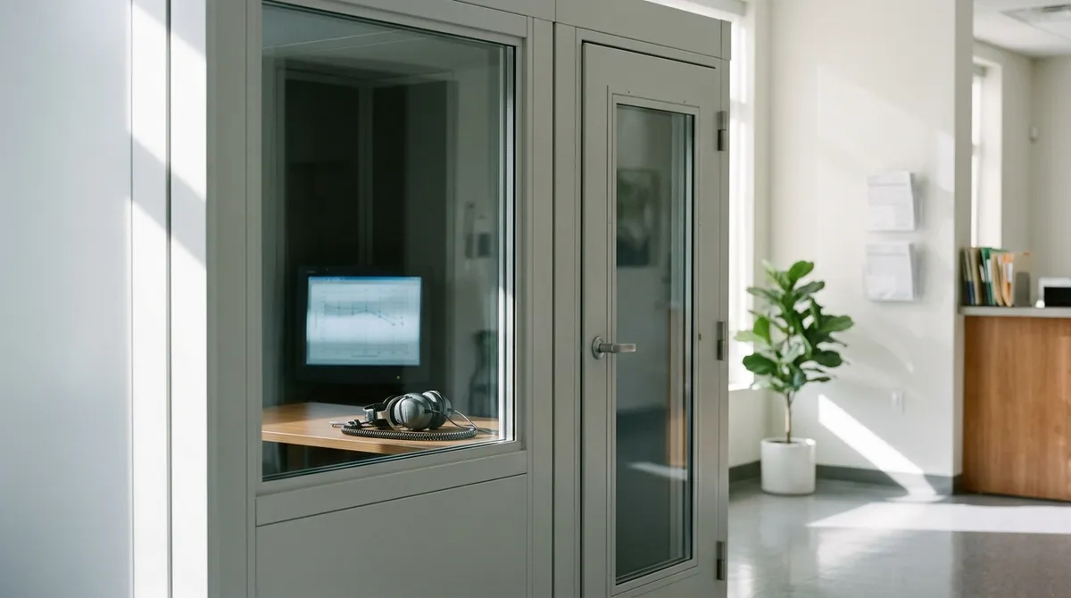 Cabine d'audiométrie et casque dans un cabinet ORL