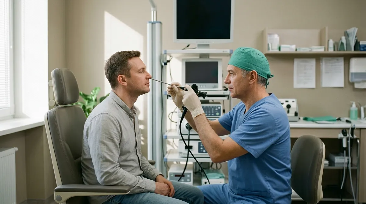 Médecin ORL réalisant une nasofibroscopie sur un patient